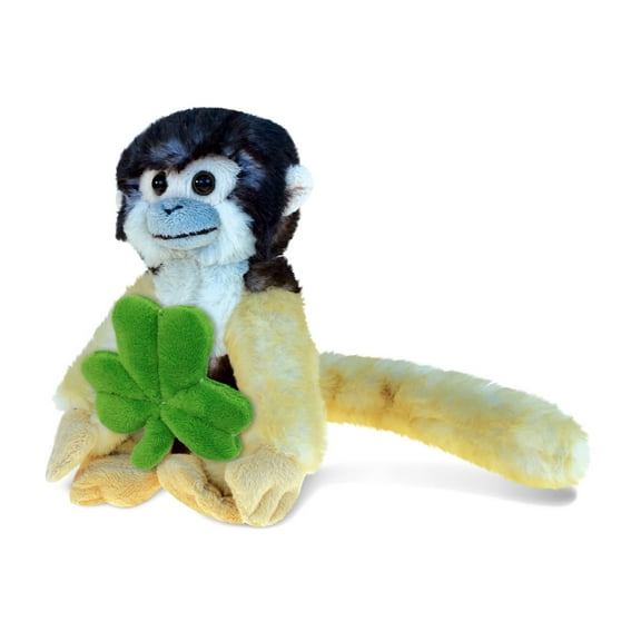 DolliBu Wild Squirrel Monkey Stuffed Animal with Green Plush Shamrock, Cute Green Shamrock Plush, Fun St Patricks Day Stuffed Animal Monkey, Good Luck St Patricks Day Toys for Kids, Baby - 12.5 Inches