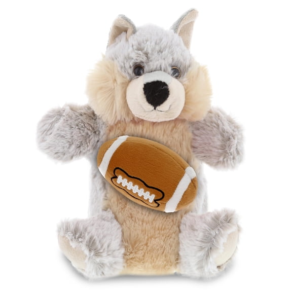DolliBu Wolf Hand Puppet Stuffed Animal with Football Plush Soft Huggable Wolf, Adorable Playtime Plush Toy, Cute Wildlife Gift Doll Animal Toy for Kids and Adults 9.5 Inches