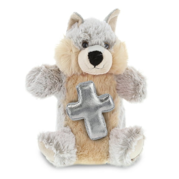 DolliBu Wolf Hand Puppet Stuffed Animal with Silver Cross Plush - Religious Baptism Gifts for Boys and Girls, Dedication Christening Gifts Plush Prayer Toy Healing Stuffed Animal - 9.5 Inches