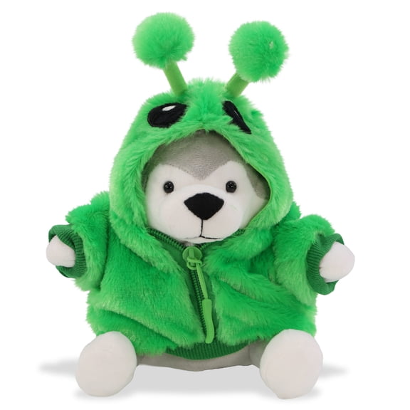 DolliBu Wolf Plush with Green Alien Hoodie Jacket - Wolf Toy with Space Themed Hoodie Costume, Fluffy Stuffed Animal with Alien Jacket - 6 Inches