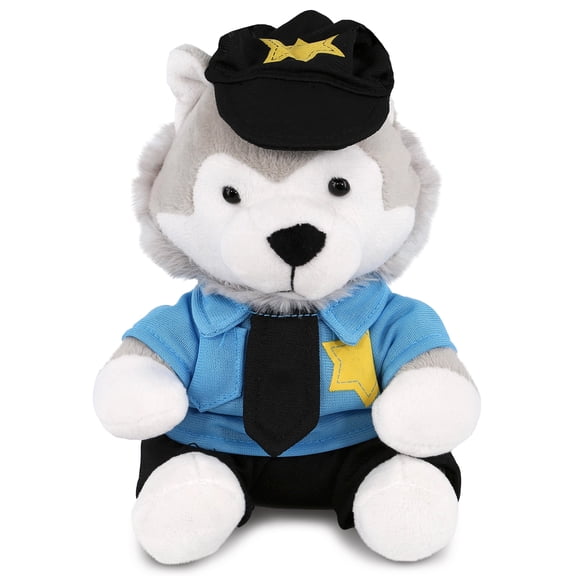 DolliBu Wolf Police Officer Plush Toy - Super Soft Wolf Cop Stuffed Animal Dress Up with Cute Cop Uniform and Cap Outfit - Fluffy Policeman Toy Plush Gift - 6 Inches