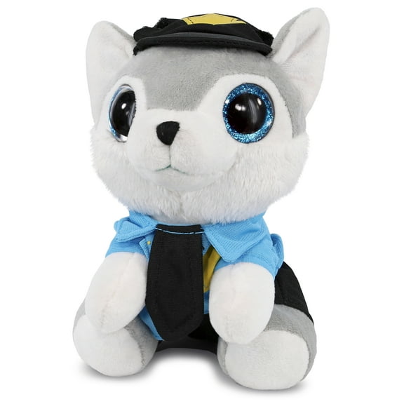 DolliBu Wolf Sparkle Eyes Police Officer Plush Toy - Super Soft Wolf Cop Stuffed Animal Dress Up with Cute Cop Uniform and Cap Outfit - Fluffy Policeman Toy Plush Gift - 8 Inches