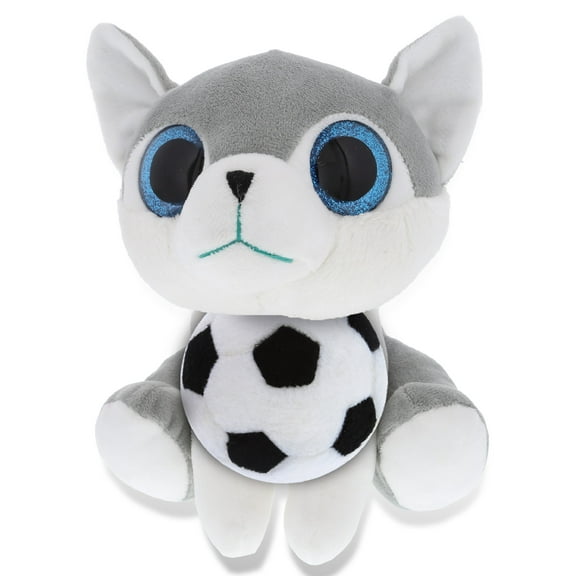 DolliBu Wolf - Sparkle Eyes Stuffed Animal with Soccer Ball Plush - Soft Huggable Wolf, Adorable Playtime Plush Toy, Cute Wildlife Gift, Super Soft Plush Doll Animal Toy for Kids and Adults - 8 Inch