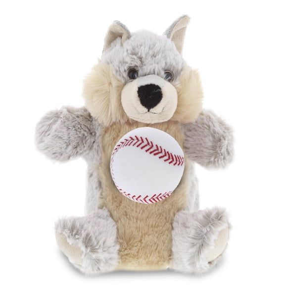 DolliBu Wolf Stuffed Animal with Baseball Plush Hand Puppet - Soft and Huggable Wolf Gift, Cute Animal Puppet with Plush Baseball Toy for Kids, Adults 9.5 Inches
