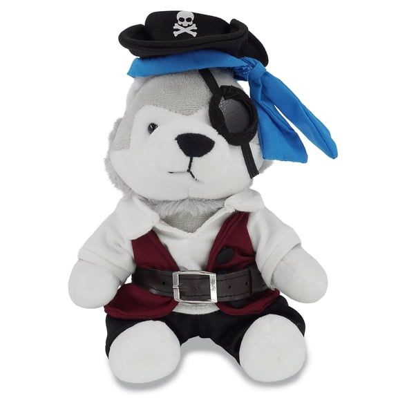 DolliBu Wolf Stuffed Animal With Pirate Dress Up Set - Sea Adventure Plush Toy Stuffed Wolf with Cute Pirate Costume - Hat, Shirt, Pants, Eye Patch, Belt - 6 Inches