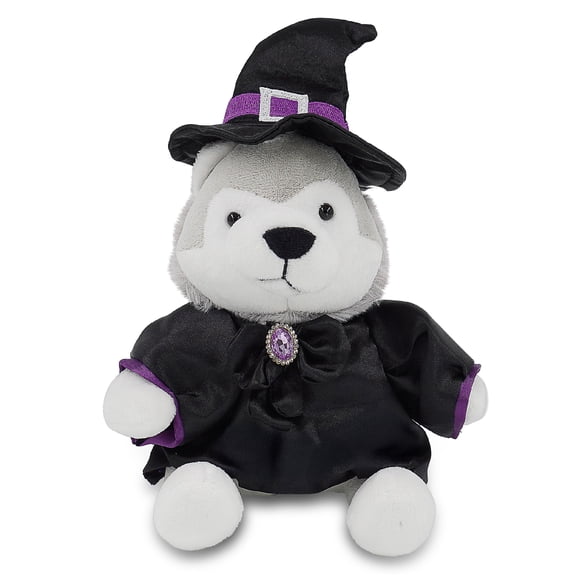 DolliBu Wolf Stuffed Animal with Witch Costume - Cute Wildlife Animal with Black Cloak and Witch Hat Outfit - Spooky Halloween Plush Toy for Kids - 6 Inches