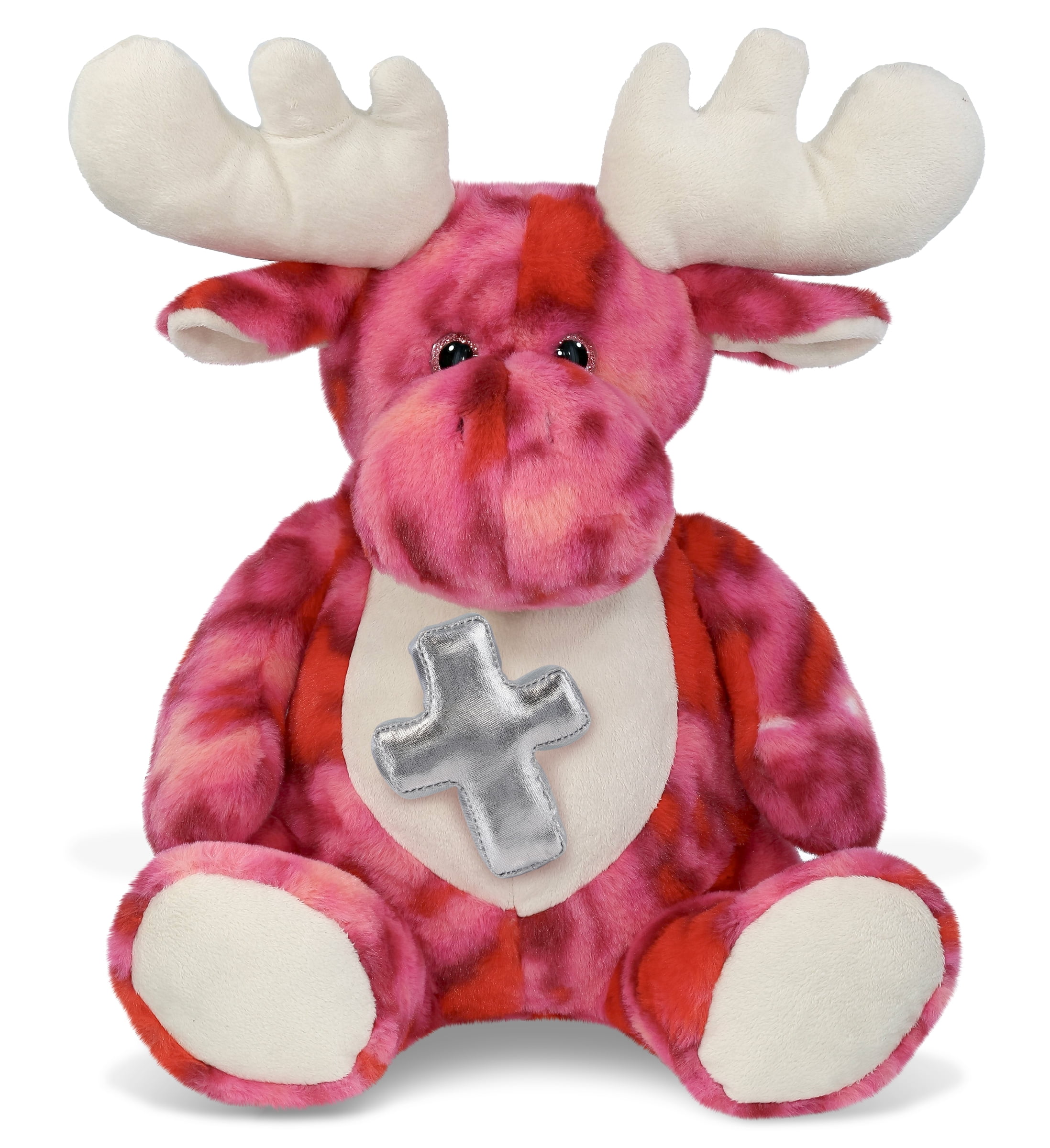 DolliBu XL Pink Tie-Dye Moose Stuffed Animal with Silver Cross Plush - Religious Baptism Gifts for Boys and Girls, Dedication Christening Gifts Plush Prayer Toy Healing Stuffed Animal - 17 Inches