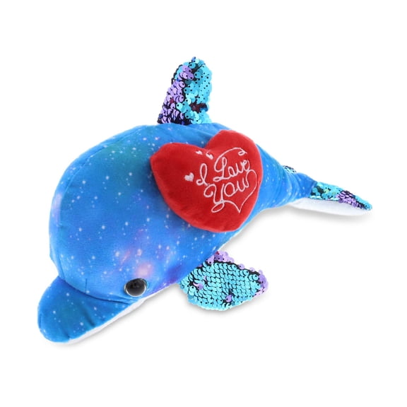 DolliBu I Love You Space Sequin Plush Purple Dolphin Cute Stuffed Animal with Red Heart and with Name Personalization for Valentine Anniversary Romantic Date Boyfriend Girlfriend Gift 12