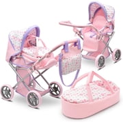 Dolls To Play Baby Doll Convertible Pram Stroller with Removable Bassinet Carrier, Adjustable Handle, Canopy & Storage Basket, Purple, 25 Inch