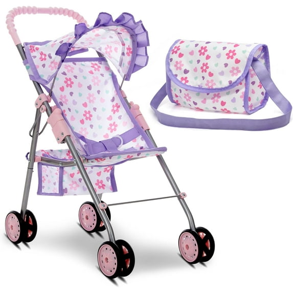 Dolls To Play Baby Doll Stroller with Canopy and Storage Basket, Foldable Toy Doll Buggy Carriage with Travel Diaper Bag, Purple