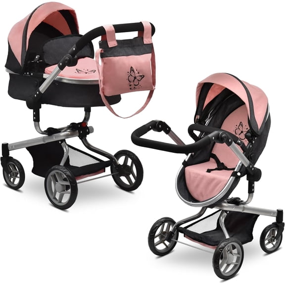 Dolls To Play Convertible Baby Doll Stroller 2-in-1 Pretend Play Pram with Adjustable Handle, Basket & Bag, Pink