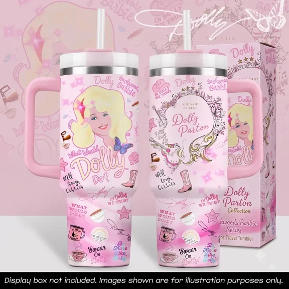 Dolly Backwoods 40oz Tumbler with Straw Handle, What Would Dolly Do Vacuum Mug, Pink Sparkle Western Cowgirl Cold Water Bottle