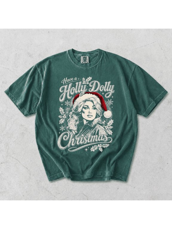 Dolly Christmas Graphic T-Shirt, Holly Dolly Vintage Holiday Short Sleeve Tee