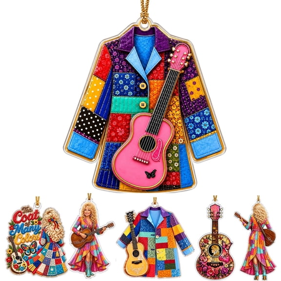 Dolly The Coat of Many Colors 2D Acrylic Hanging Ornament Set, Colorful Patchwork Coat Guitar Themed Pendants, Christmas Tree & Wall Decor Gift for Country Music Fans