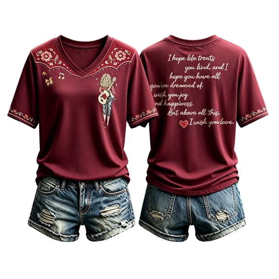 Dolly Doll T-shirt Classic Graphic Tee for Women Graphic Dolly T-shirts Short Sleeve V Neck Tee for Country Music Lovers,(L)