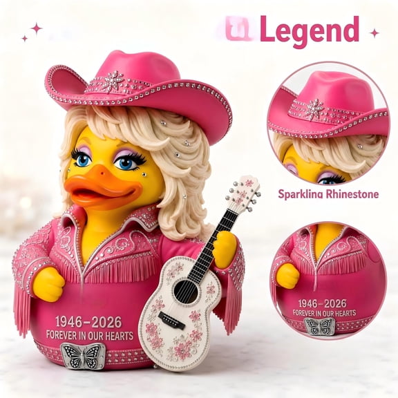 Dolly Duck Figurine, Memorial Duck for Music Lovers, Novelty Country Music Singer Rubber Duck Parton Memorial Duck Cute Duck Collectible Collectible Decor Jumpsuit Design with Rhinestones