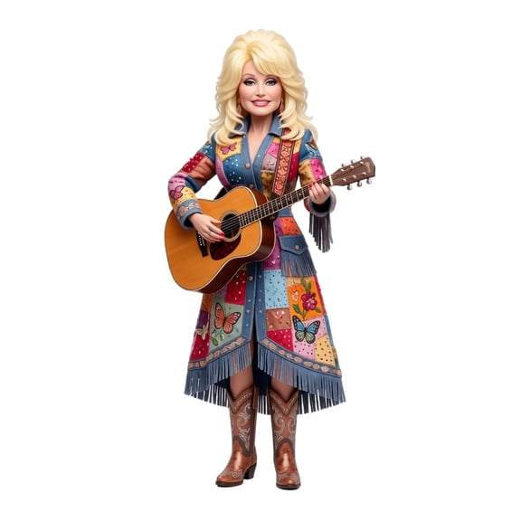 Dolly Figurine, Country Singer Style Standing Statue with Patchwork Coat, Guitar & Cowboy Boots, Christmas Home Tabletop Decor Holiday Gift
