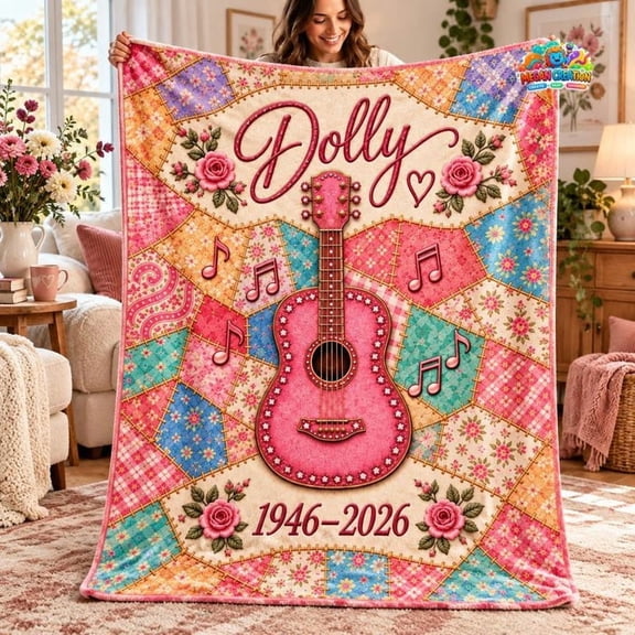 Dolly Flannel Blanket, Pink Guitar Floral Patchwork 1946-2026 Music Graphic Throw Blanket