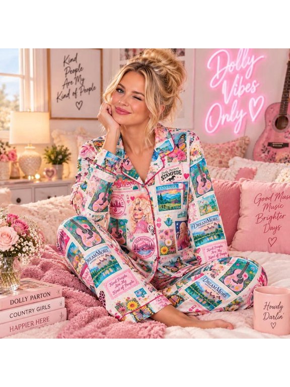 Dolly Inspired Pajama Long Set, Pink Country Music Satin PJs, Tennessee Stamp Postcard Sleepwear