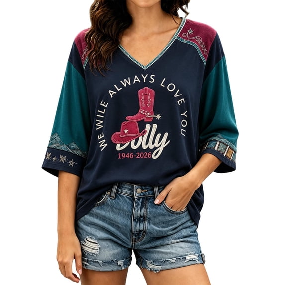Dolly Memorial T-Shirt, Women Vintage Country Legend Tee, Nashville Western Shirt, Retro Country Singer Graphic Tees, Loose V Neck T Shirts