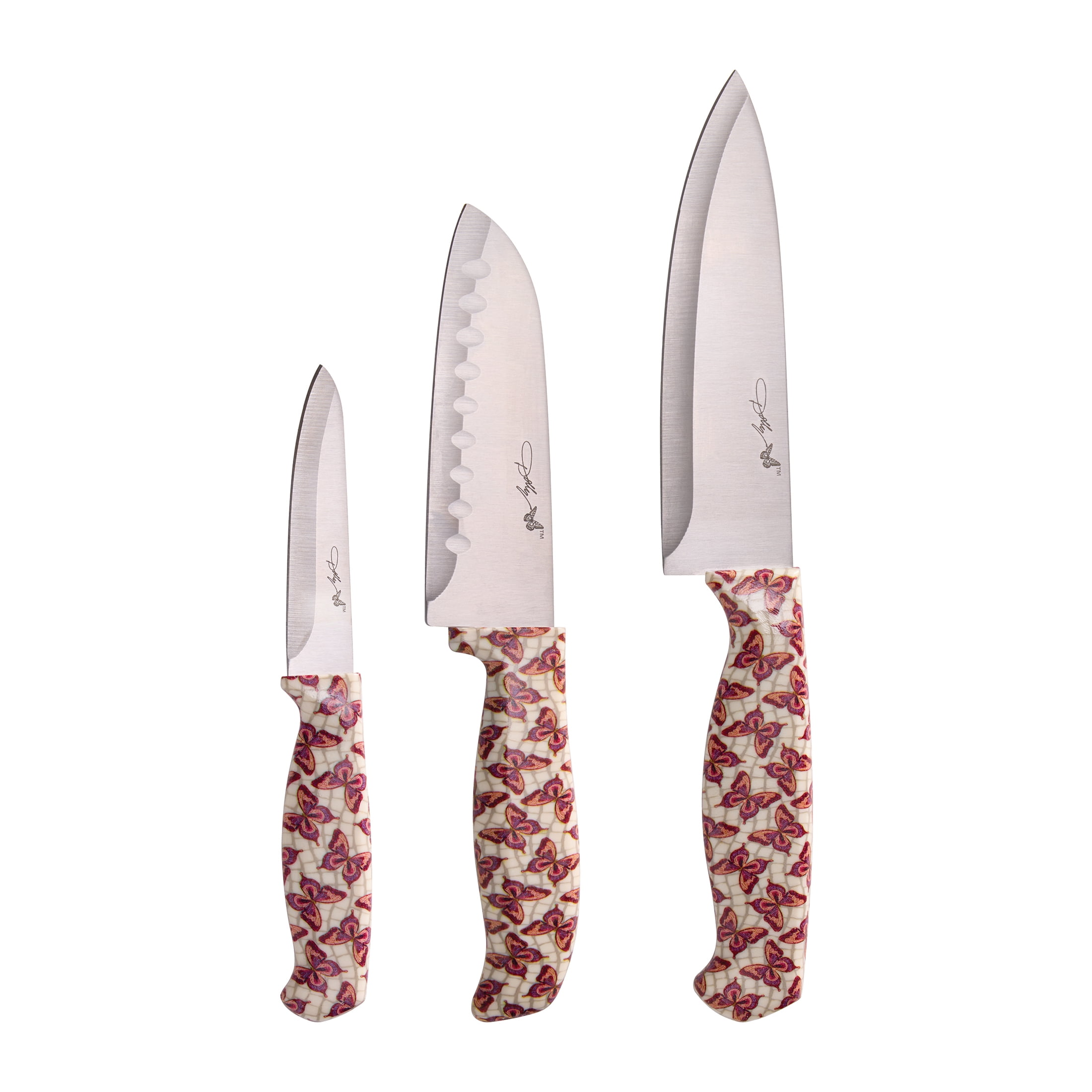 Dolly Parton 3-Piece Chef Knife Set with Butterfly Pattern Handles for Kitchen Prep