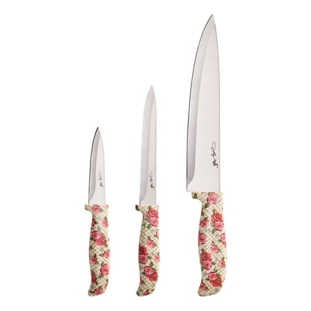 Dolly Parton 3-Piece Chef Knife Set with Rose Pattern Handles for Kitchen Prep