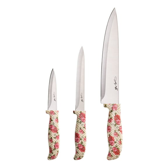 Dolly Parton 3-Piece Chef Knife Set with Rose Pattern Handles for Kitchen Prep