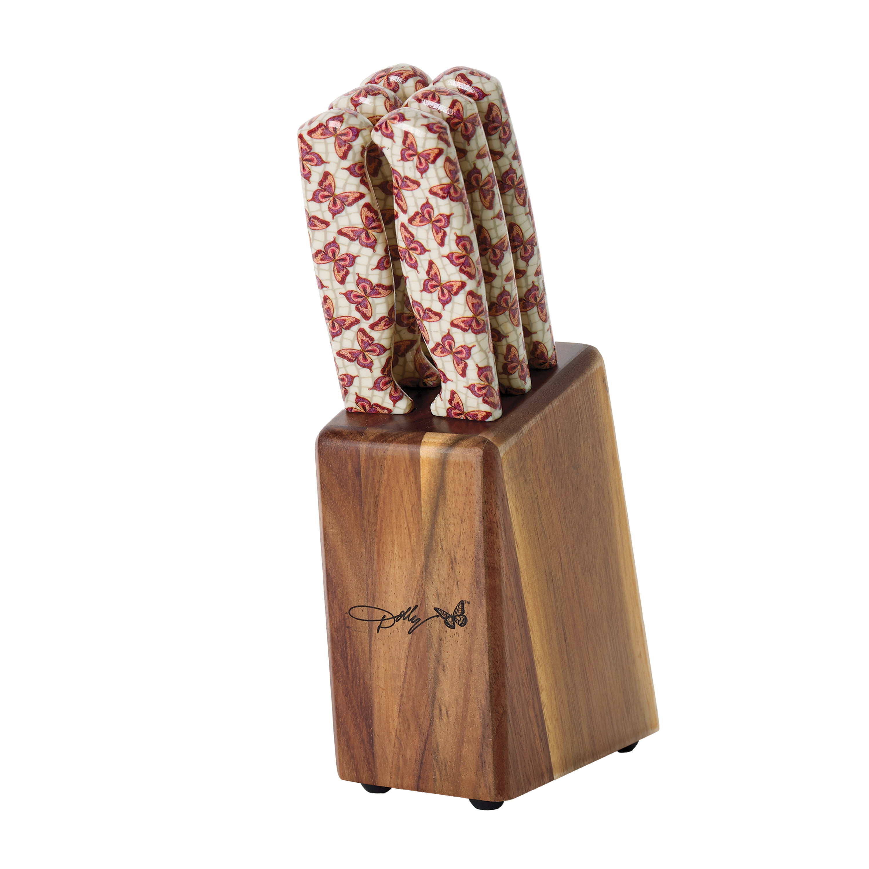 Dolly Parton 7-Piece Steak Knife Set with Pink Handles and Acacia Block for Storage