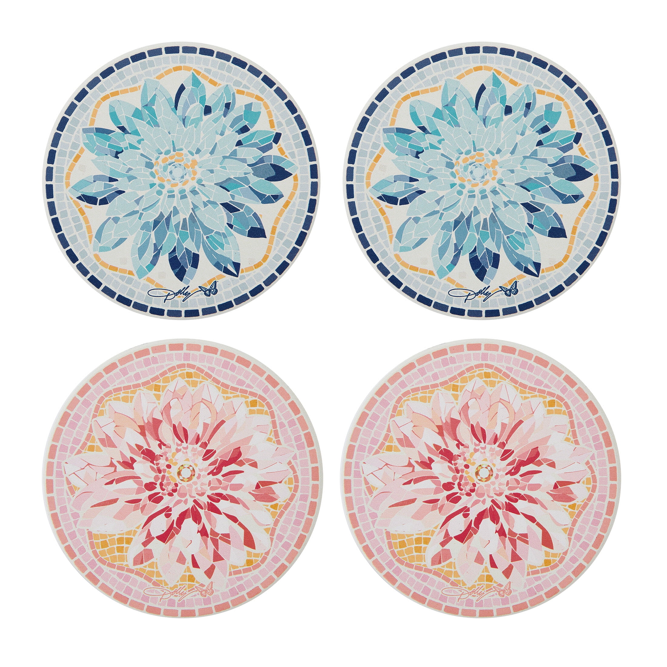 Dolly Parton 8.5 in Blue Red Mosaic Flower Ceramic Coasters