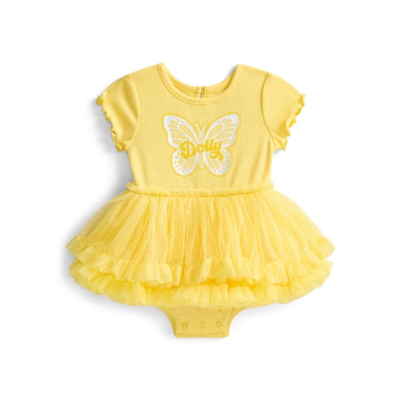 Dolly Parton Baby Girls Graphic Tutu Dress Bodysuit with Short Sleeves, Sizes 0/3M-6/9M