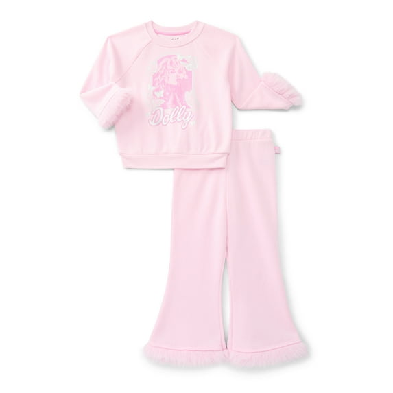 Dolly Parton Baby and Toddler Girls Faux Fur Trim Graphic Sweatshirt and Flare Pants Set, 2-Piece, Sizes 12M-5T