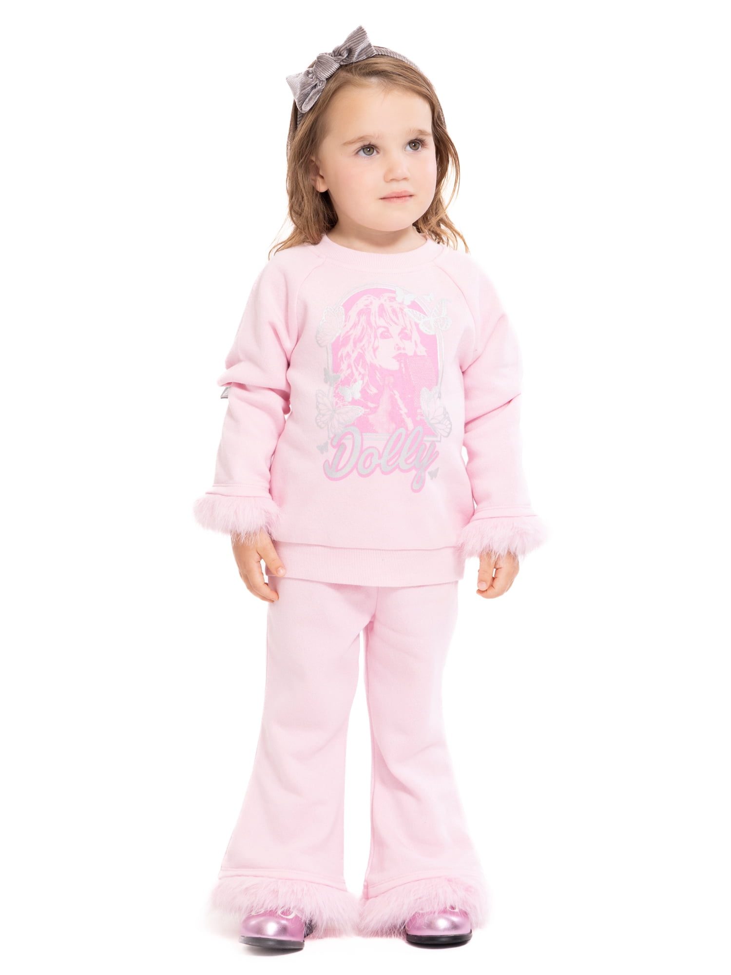 Dolly Parton Baby and Toddler Girls Faux Fur Trim Graphic Sweatshirt and Flare Pants Set, 2-Piece, Sizes 12M-5T