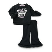 Dolly Parton Baby and Toddler Girls Faux Fur Trim Graphic Sweatshirt and Flare Pants Set, 2-Piece, Sizes 12M-5T