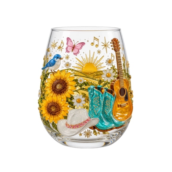 Dolly Stemless Glass, Country Western Style Glass Cup with Sunflower Cowboy Boot Guitar Butterfly Pattern, Decorative Drinking Glass Gift for Country Music Fans