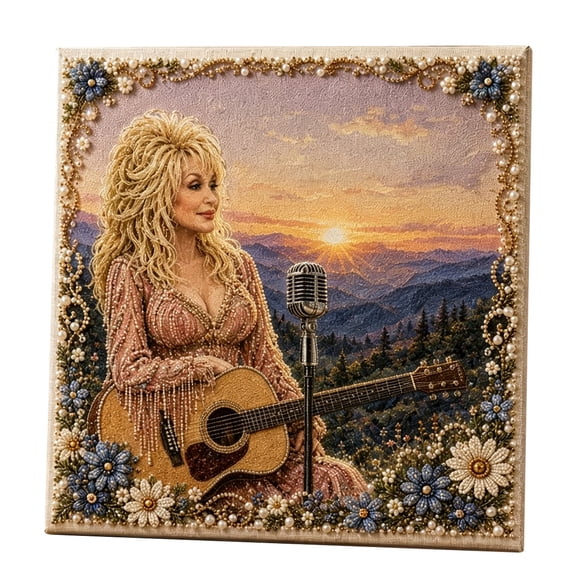 Dolly Themed Diamond Pearl Painting Kit, Vintage Microphone Mountain Sunset Scene DIY Gem Art, Pearl Blue Floral Border Embroidery Canvas, Country Music Lover Home Decoration Gift