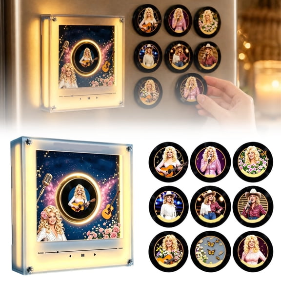 Dolly Themed NFC Music Player with LED Light, Rotatable Vinyl Record NFC Music Player Refrigerator Magnets Set, Christmas Decorative Gift for Country Music Fans