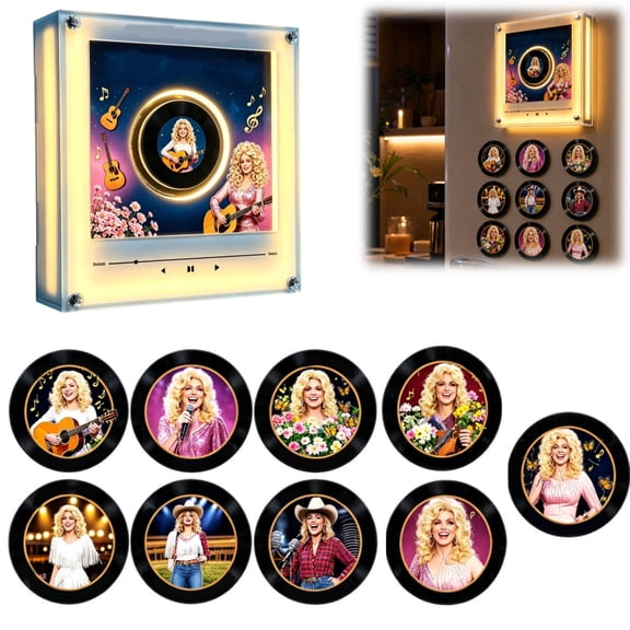 Dolly Themed NFC Music Player with LED Light, Rotatable Vinyl Record NFC Music Player Refrigerator Magnets Set, Christmas Decorative Gift for Country Music Fans