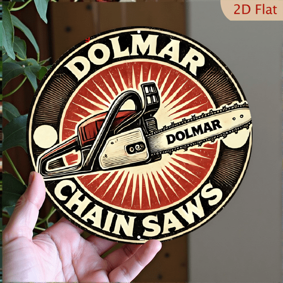 Dolmar Chain Saws Vintage Metal Wall Sign, Retro Industrial Round Aluminum Decor, 8x8 Inch Wall Art Plaque for Garage Workshop and Man Cave