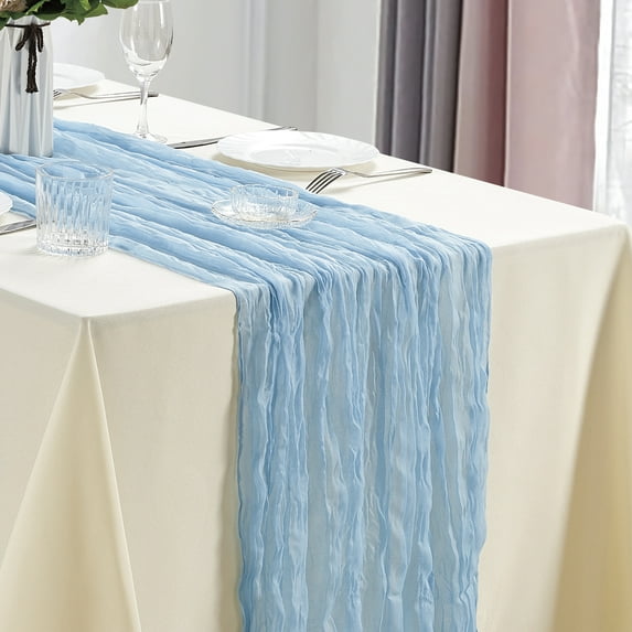 Dololoo 2 Pack 13 FT Baby Blue Cheesecloth Table Runner, Gauze Fabric for Wedding Reception Bridal Shower, Boho Rustic Table Decoration Arbor Decor