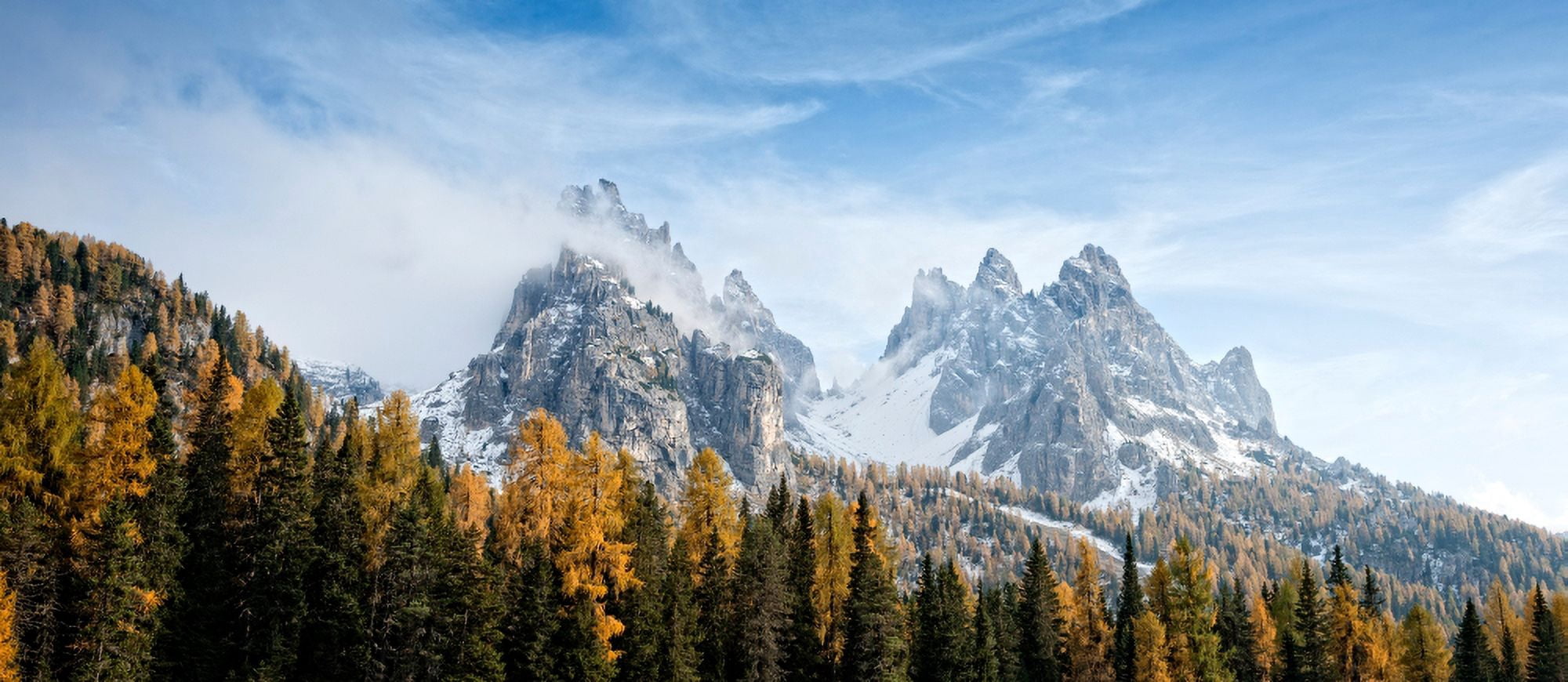 Dolomite Mountains in fall Toblach Alto Adige Italy Canvas Art - Panoramic Images (27 x 9)