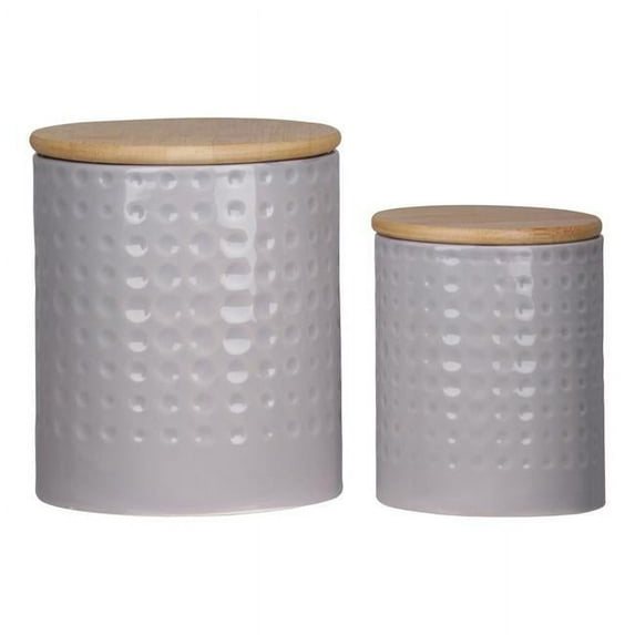 Dolomite Round Canister with Wooden Lid & Engraved Dotted Pattern Design Body, Coated Finish, Gray - Set of 2