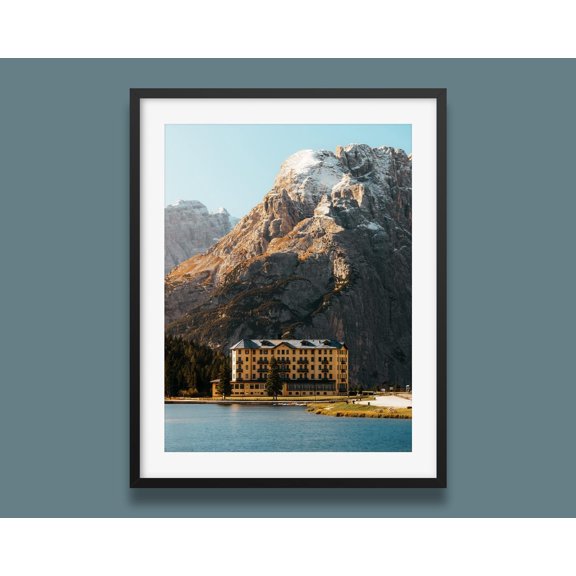 Dolomites Italy Poster Lake Misurina Yellow Building Photography , Poster Print Only