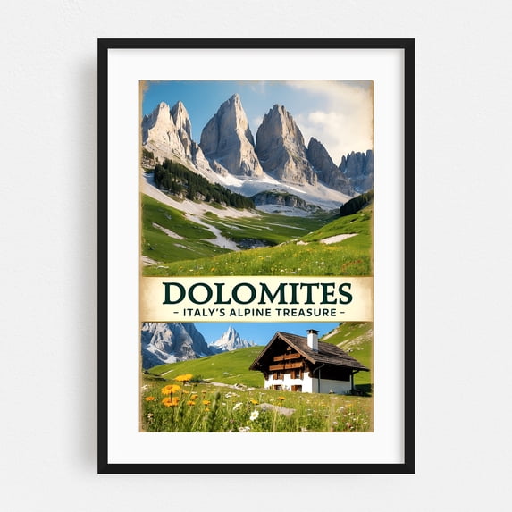 Dolomites Vintage Travel Poster – Italy’s Alpine Treasure - Veneto Italy Illustration Travel Poster Mountain Landscape Nature Scenic Vintage Pastoral Black Framed Wall Art Print 5 x 7 inches