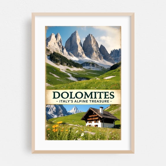 Dolomites Vintage Travel Poster – Italy’s Alpine Treasure - Veneto Italy Illustration Travel Poster Mountain Landscape Nature Scenic Vintage Pastoral Oak Framed Wall Art Print 16 x 24 inches