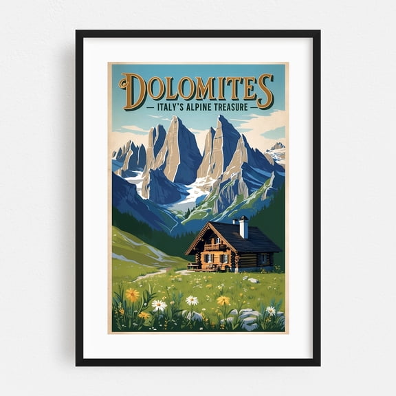 Dolomites Vintage Travel Poster – Italy’s Alpine Treasure - Veneto Italy Illustration Travel Poster Vintage Poster Mountain Landscape Rustic Scenic Nature Black Framed Wall Art Print 24 x 36 inches