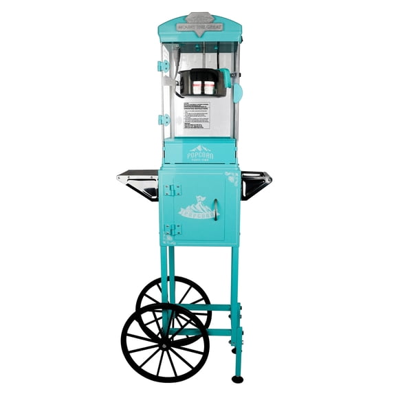 10 oz Popcorn Popper Machine Cart with Wheel, Dolonm Stainless-Steel Kettle Popcorn Maker Cart, Makes up to 40 Cups for Commercial, Home Party, Cyan