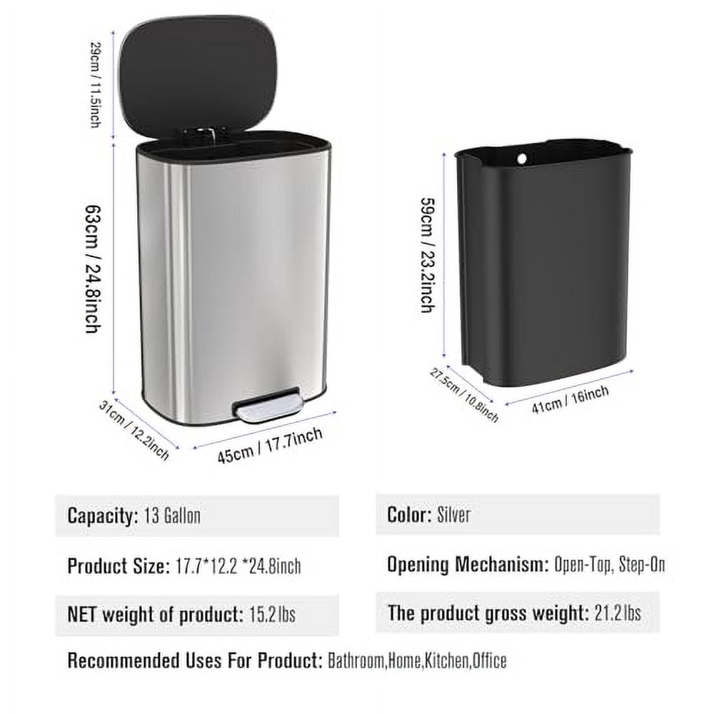 Dolonm 13 Gallon Stainless Steel Foot Pedal Large Trash Can with Soft ...