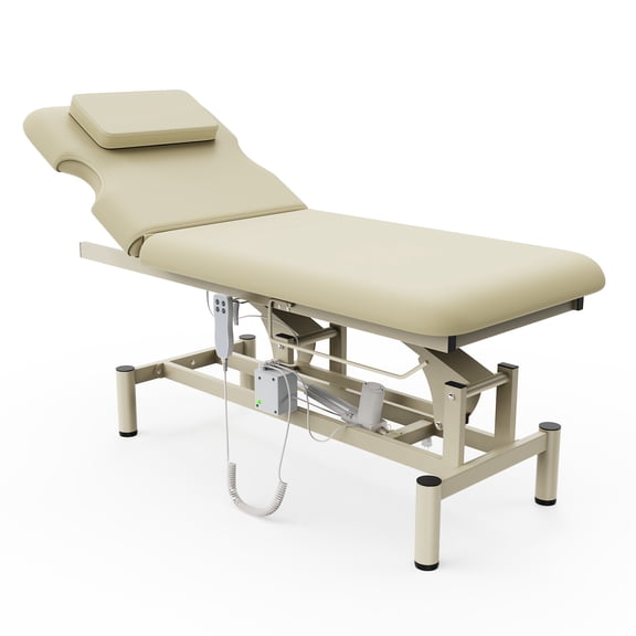 Dolonm 2-Motor Lift Electric Massage Table with Remote Control, Adjustable Backrest & Height, PU Leather Electric Massage Bed with 35D High-density Sponge, Beige