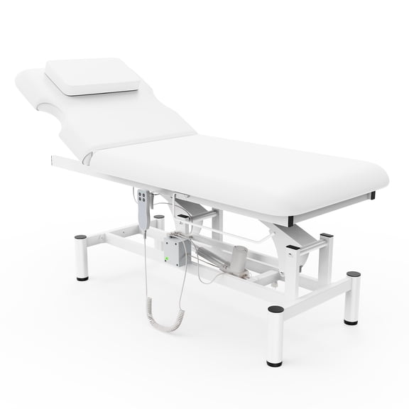 Dolonm 2-Motor Lift Electric Massage Table with Remote Control, Adjustable Backrest & Height, PU Leather Electric Massage Bed with 35D High-density Sponge, White