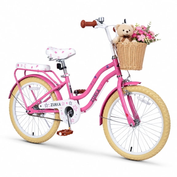 Dolonm 20" Kids Bike for Ages 7-10, Lightweight High-Carbon Steel Frame Cruiser Bike, Girls Bicycle with Wicker Basket & Rear Seat,  No Training Wheels, Pink